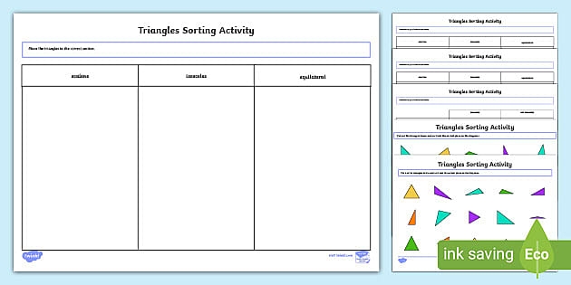 Fifth grade math worksheet showing various triangles labeled by angle type for sorting and classification practice