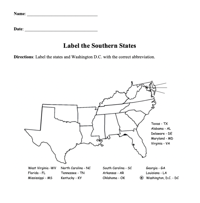Map of the Southern United States for third graders to label and learn geography