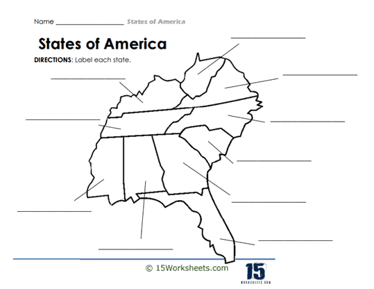 Map-labeling worksheet for third graders focusing on the Southern United States