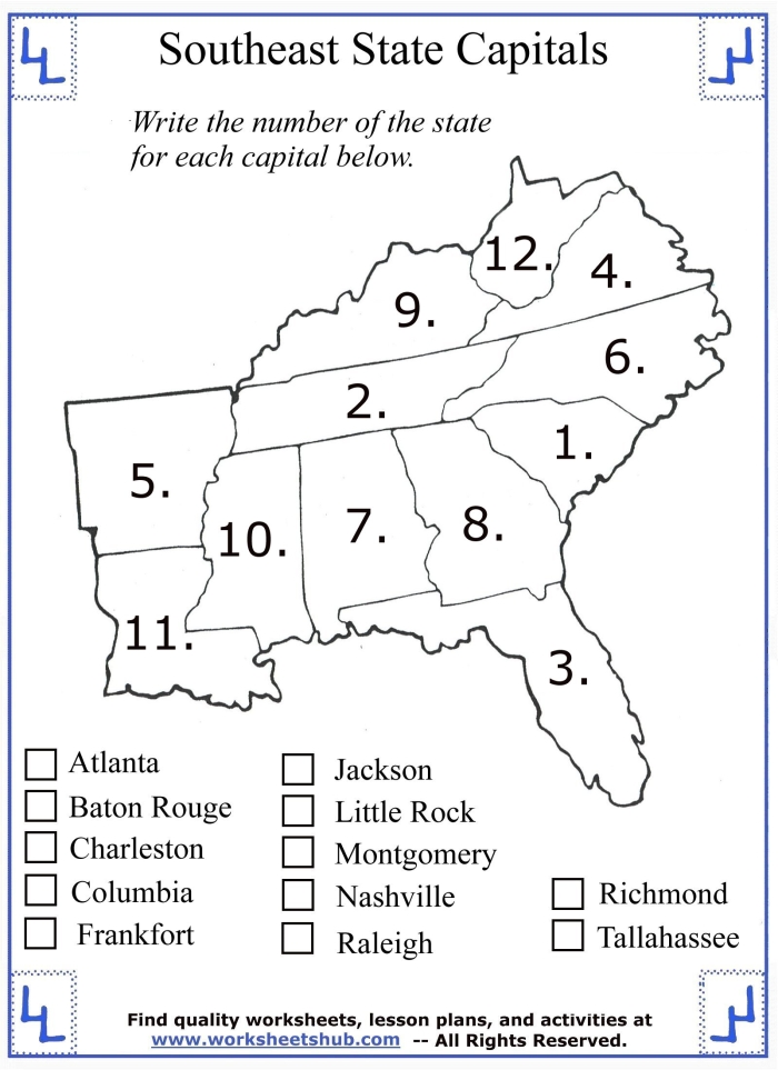 Map labeling worksheet for identifying Southern United States states for third graders