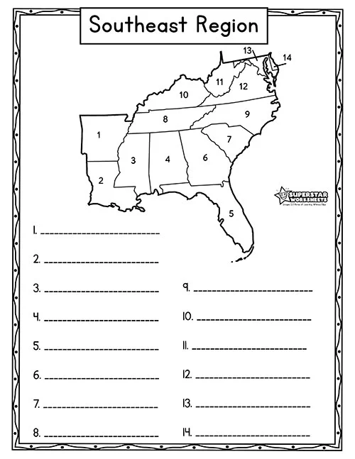 Map-labeling worksheet for third graders focusing on the Southern United States. Engaging activity for identifying Southern States in U.S. history.