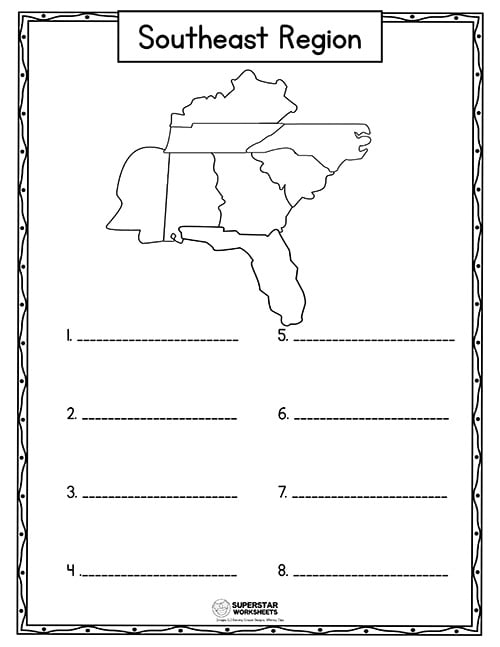 Children's map-labeling worksheet for identifying the Southern United States