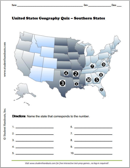 Map-labeling worksheet for identifying Southern United States states for third graders