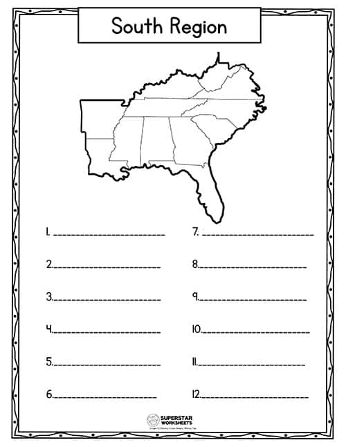 Map of the Southern States for students to label in a history worksheet