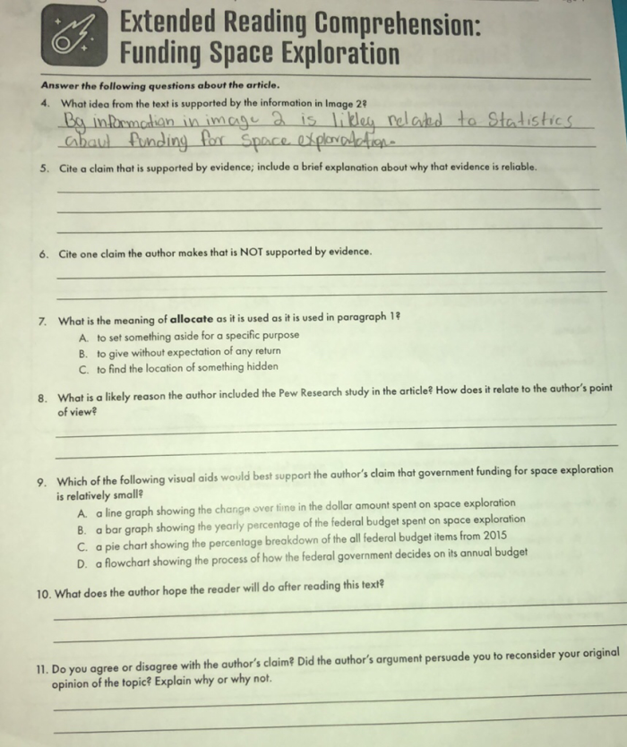 Seventh grade student working on a nonfiction worksheet about the government budget for space missions