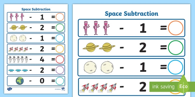 Subtracting in Space Worksheet 6 Kindergarten student solving subtraction problems on a space-themed math worksheet