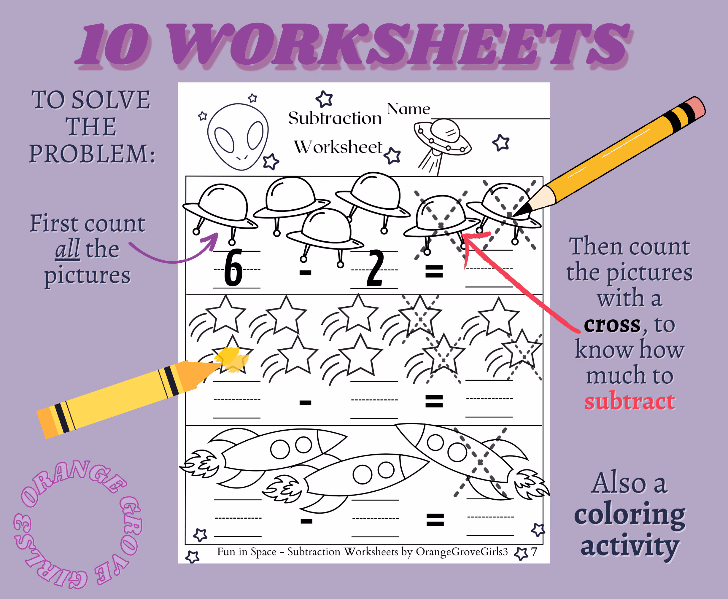 Subtracting in Space Worksheet 7 Algebra Practice for Kindergarteners Kindergarten student working on a subtracting in space worksheet with stars and rockets