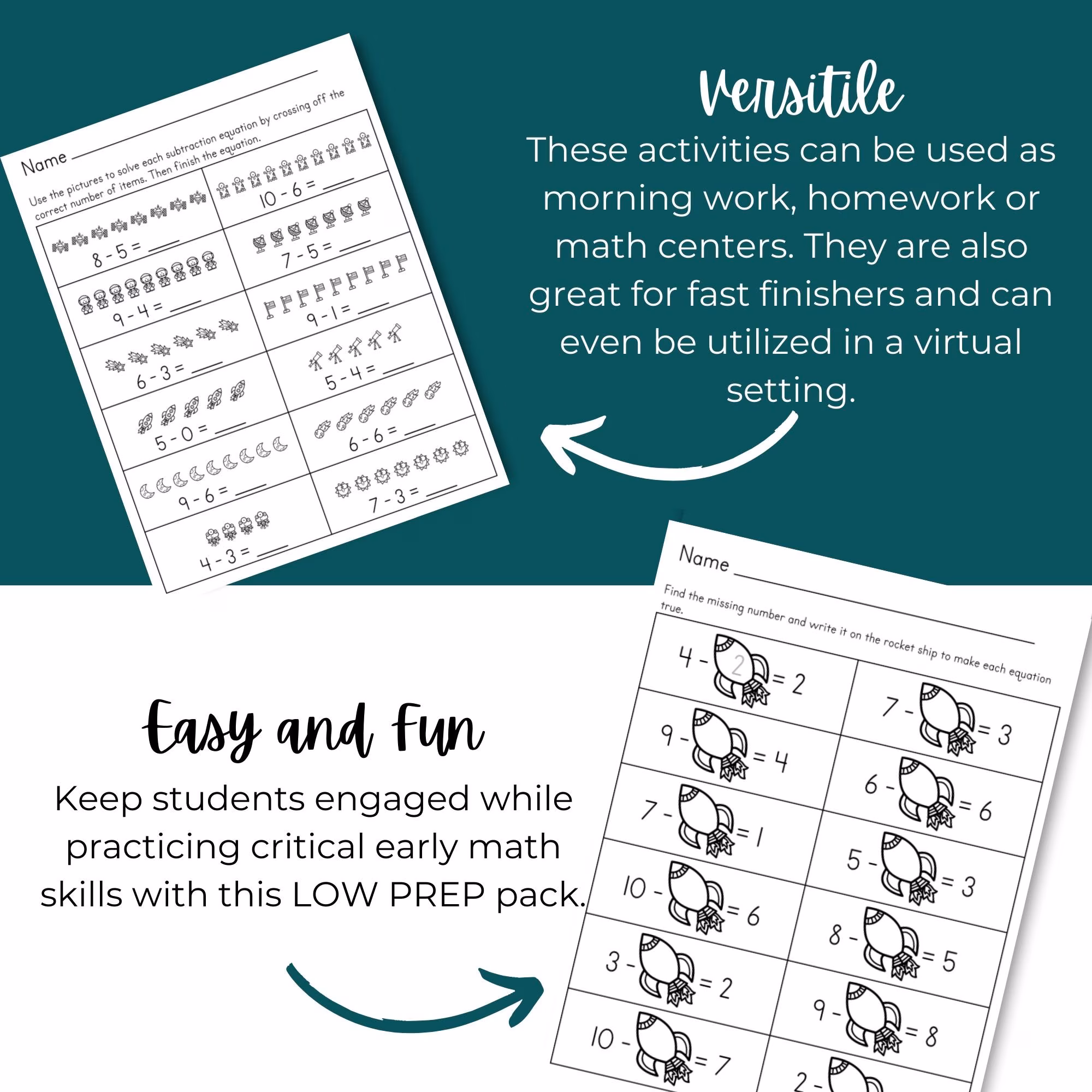 Subtracting in Space worksheet image 4 featuring stars and rockets for early math learners Kindergarten student solving subtraction problems with colorful stars and a rocketship in a space-themed worksheet activity