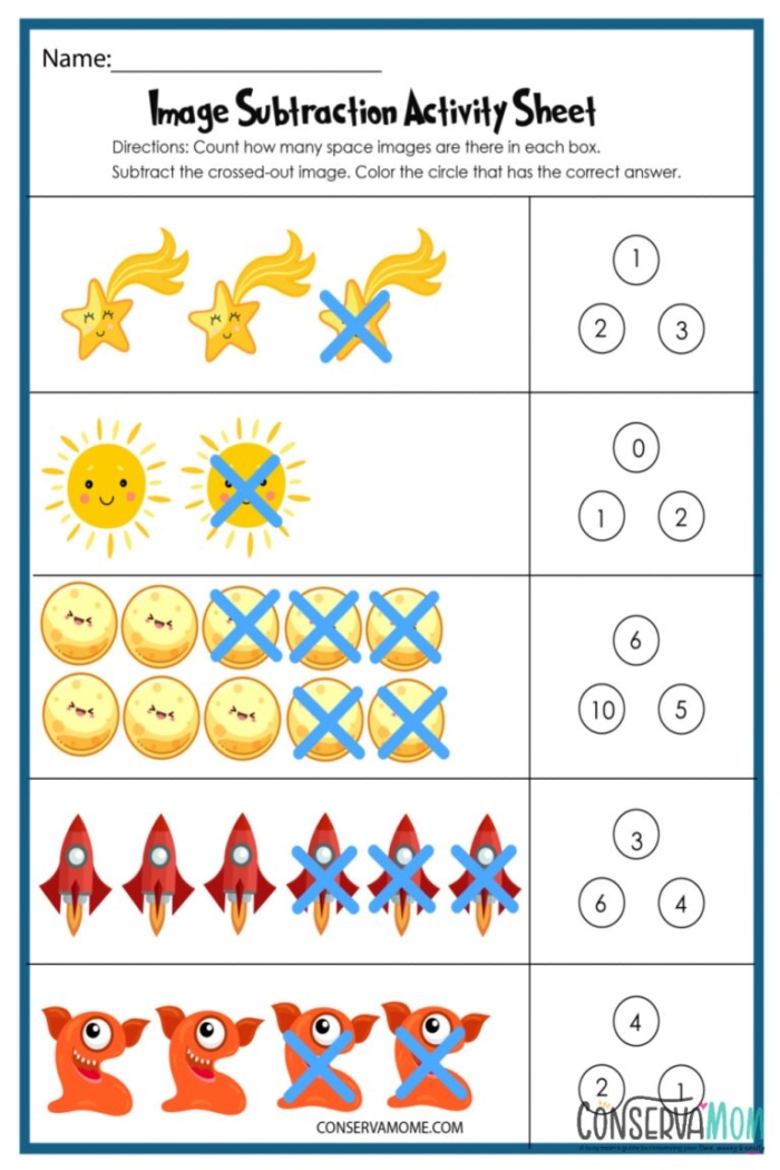 Subtracting in Space Worksheet - Stars and Rocketship Math Practice for Young Learners Kindergarten student solving subtraction problems with colorful stars and a rocketship in a space-themed worksheet activity