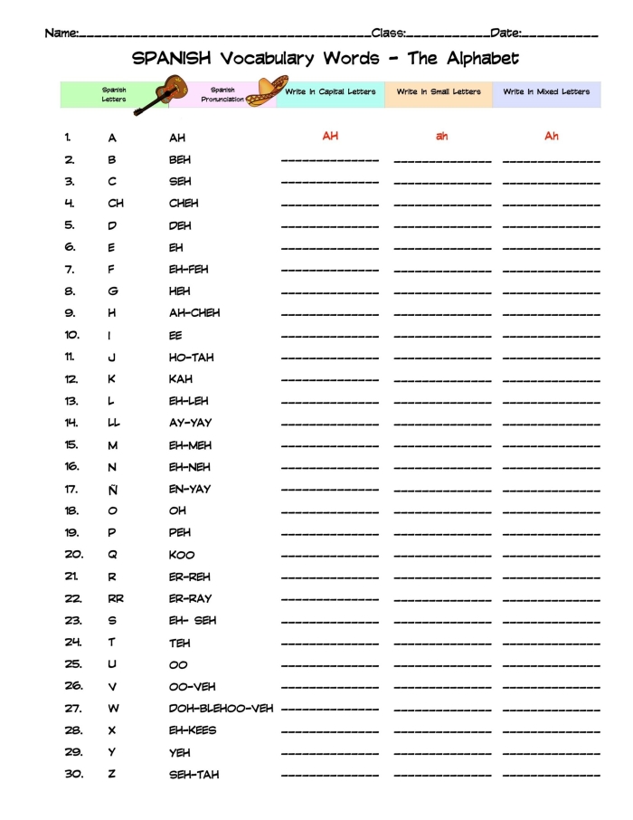 Kindergarten Spanish alphabet worksheet with letter tracing and cute illustrations for kids