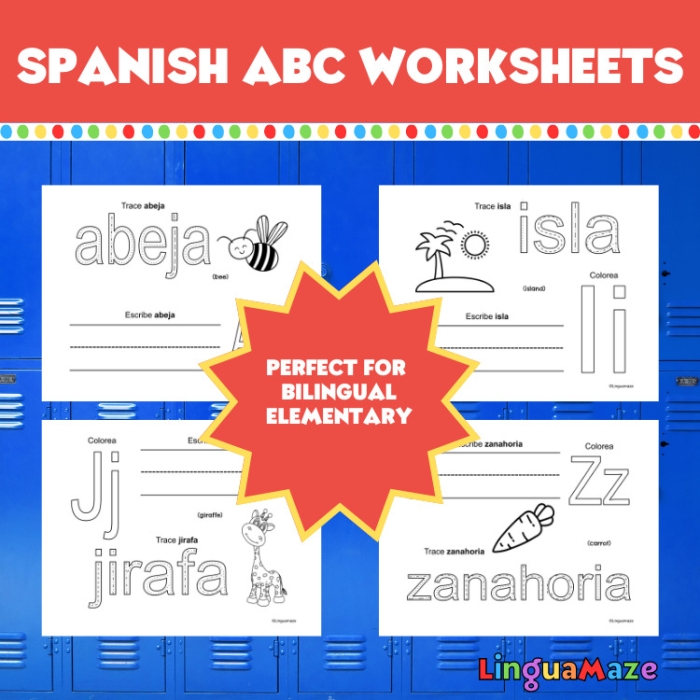 Kindergarten student practicing the Spanish alphabet with a colorful printable worksheet