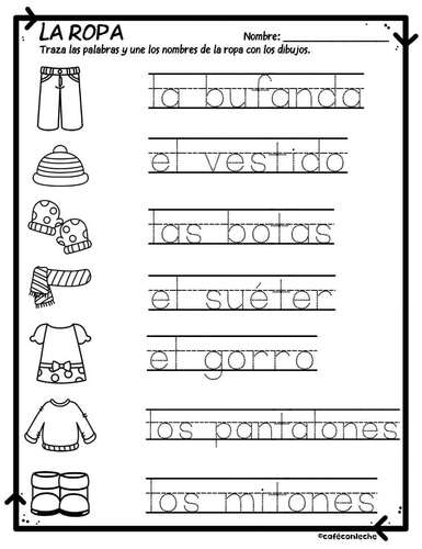 Second grade geometry worksheet featuring Spanish clothing vocabulary practice