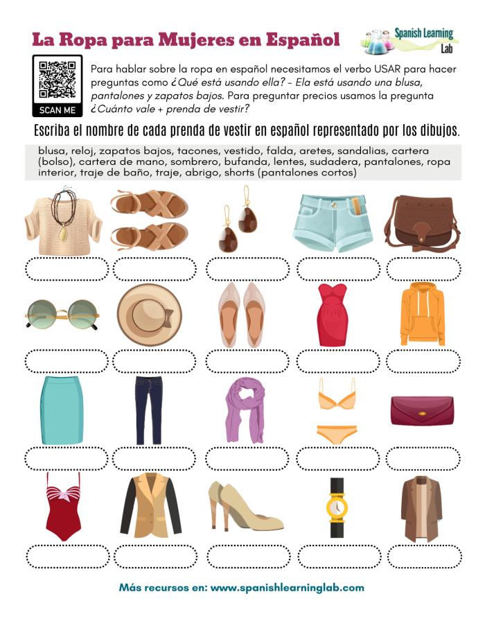 Colorful Spanish clothing items illustration for second grade vocabulary practice with labels and pictures of shirts pants and shoes