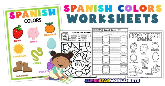 Colors in Spanish Learning Activity for Elementary Students Second grade students learning Spanish color vocabulary with colorful visual examples and practice exercises
