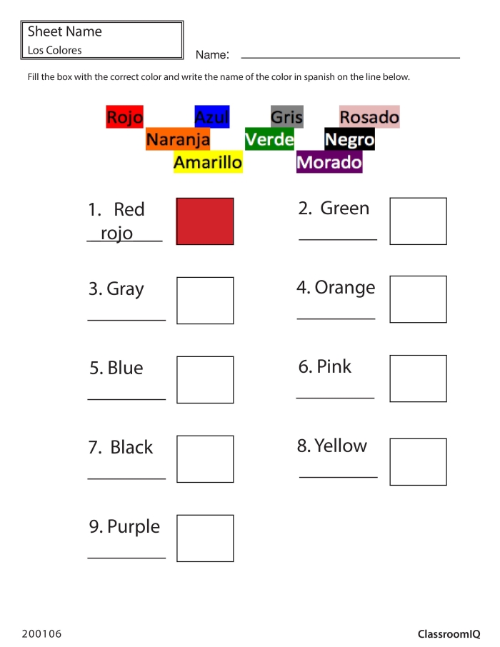 Colors in Spanish Learning Activity for Elementary Students A colorful second grade worksheet displaying Spanish color vocabulary with bright illustrations and practice exercises