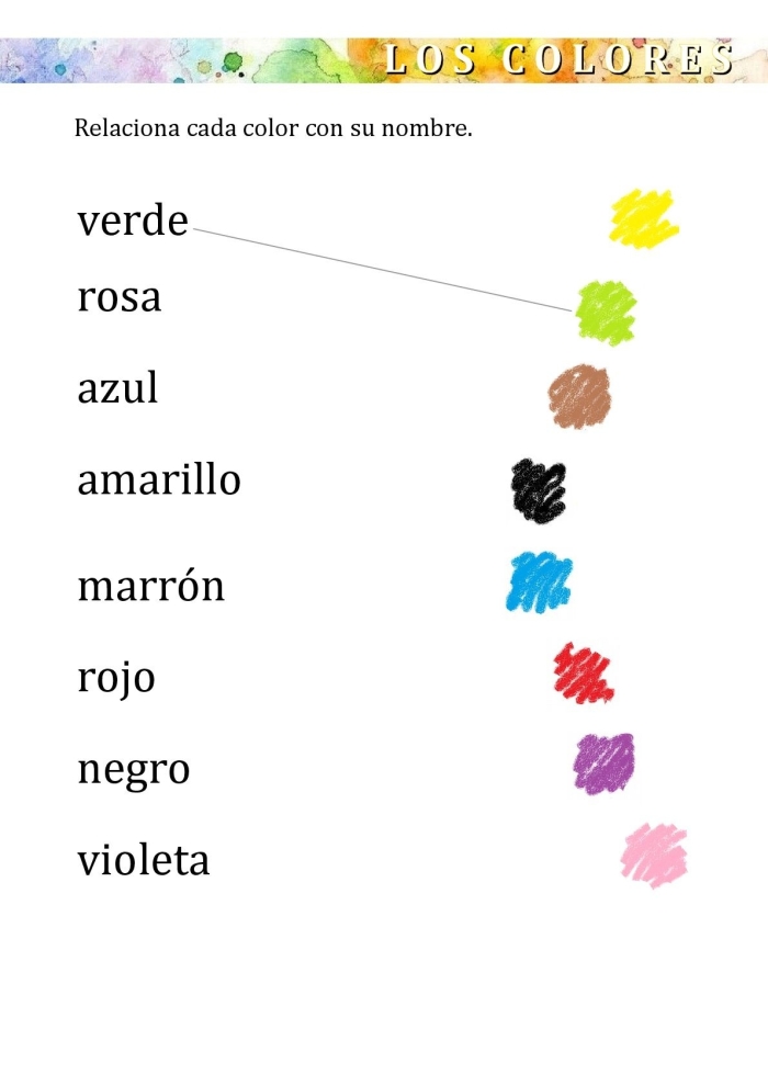 Learning Spanish colors worksheet for second grade students Second grade student worksheet featuring colorful illustrations to help learn basic Spanish color words