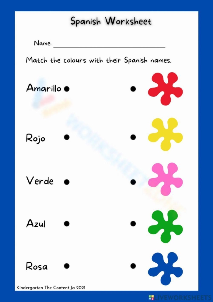Colors in Spanish worksheet for second grade students number 16 Second grade students learning Spanish color names on a vibrant educational worksheet