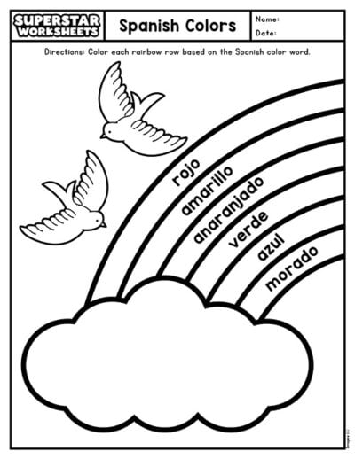 Colorful Spanish language practice page for second grade students number four Second grade Spanish colors worksheet featuring vibrant illustrations to help students learn basic vocabulary