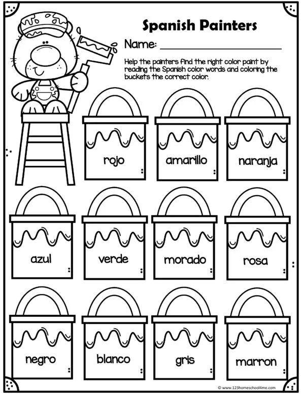 Spanish colors practice page seven for second grade algebra class Second grade student learning basic colors in Spanish worksheet