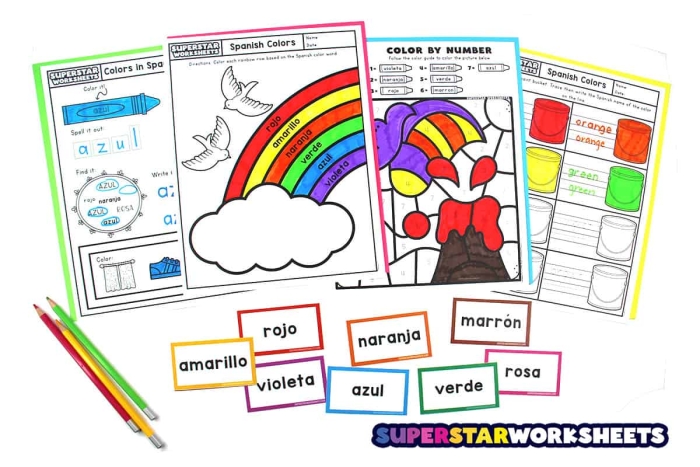 Colors in Spanish Learning Activity for Elementary Students Second grade students learning Spanish color vocabulary with colorful illustrations and fill-in-the-blank exercises for basic color words