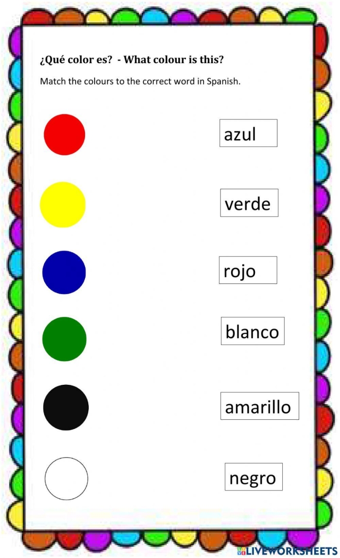 Colors in Spanish Learning Activity for Young Learners Worksheet 22 Second grade Spanish colors worksheet featuring bright illustrations of basic color vocabulary with translation labels