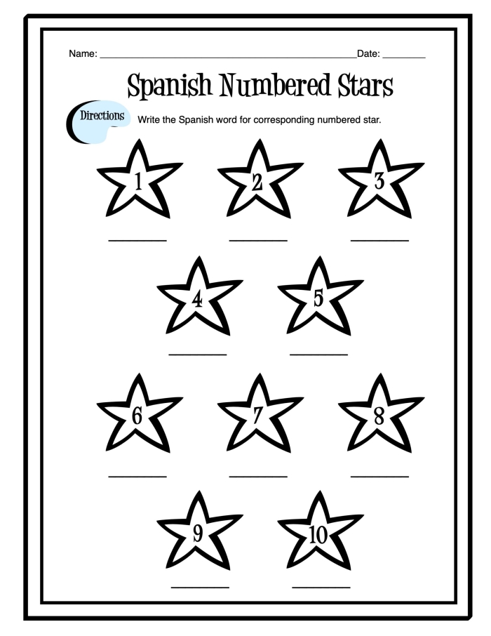Second grade Spanish worksheet for learning numbers 1 to 100 with a counting by tens guide