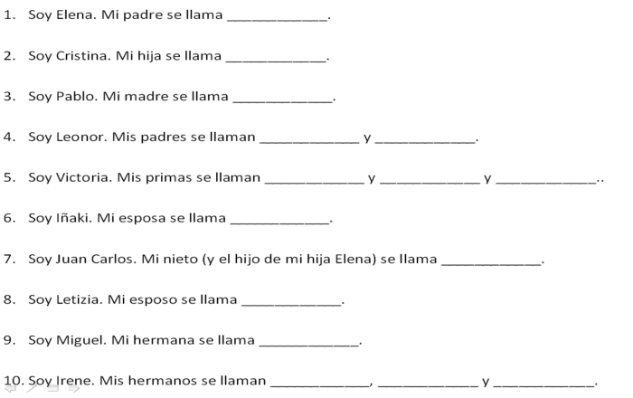 Spanish family words lesson for elementary students featuring mom, dad, and other family relations in English and Spanish Third grade bilingual worksheet showing Spanish family member vocabulary with illustrations for learning relative names