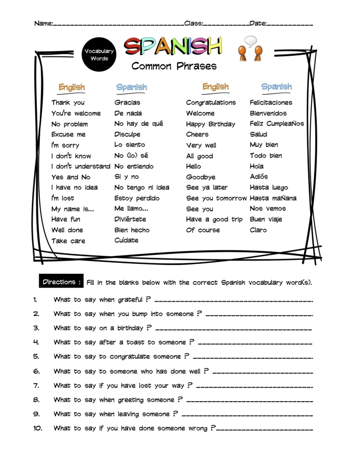 Second grade student practicing basic Spanish phrases on an educational worksheet