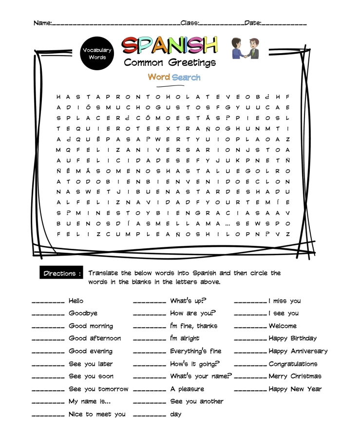 Fourth grade Spanish worksheet for practicing essential greeting and farewell vocabulary