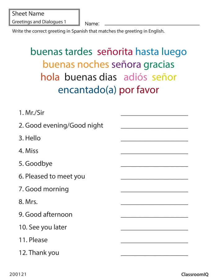 Fourth grade Spanish worksheet for practicing greetings and farewell phrases