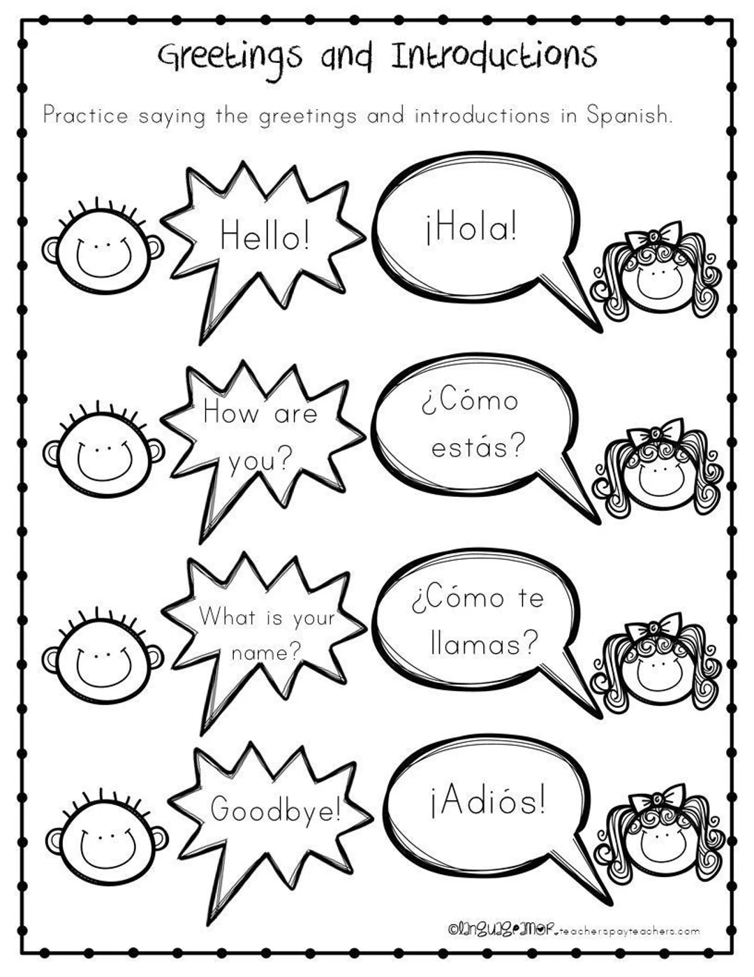 Worksheet featuring essential Spanish greetings for beginners