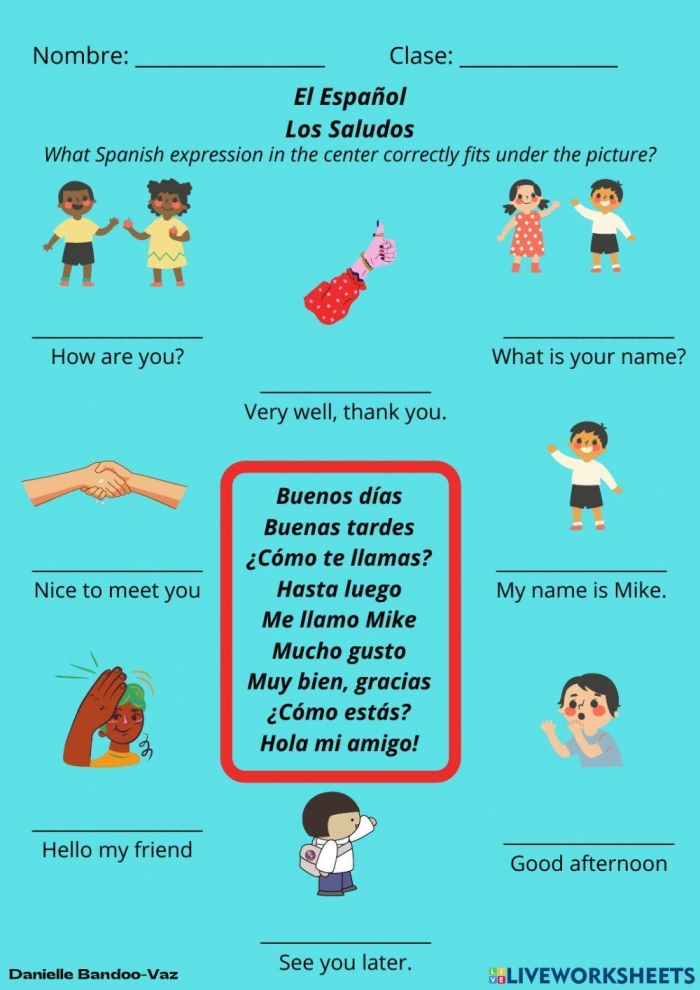 Fourth grade student completing a Spanish greetings vocabulary worksheet