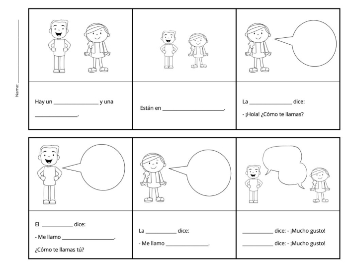 Fourth grade Spanish worksheet featuring common greetings and farewells for students
