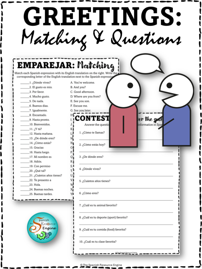 Fourth grade student practicing common greetings in Spanish on a colorful worksheet