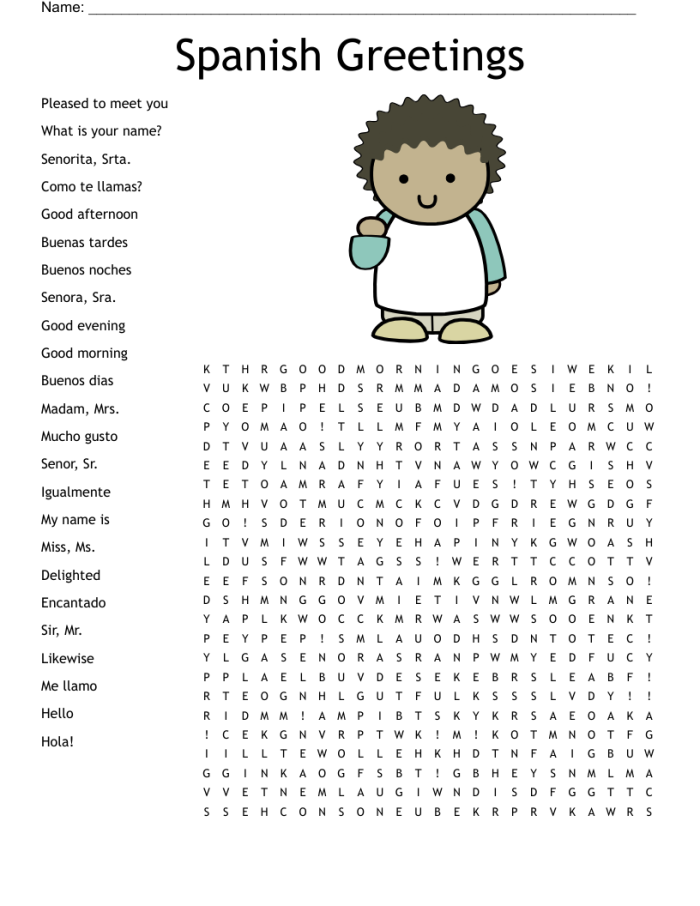 Spanish greetings worksheet for fourth graders featuring essential phrases like hello and goodbye