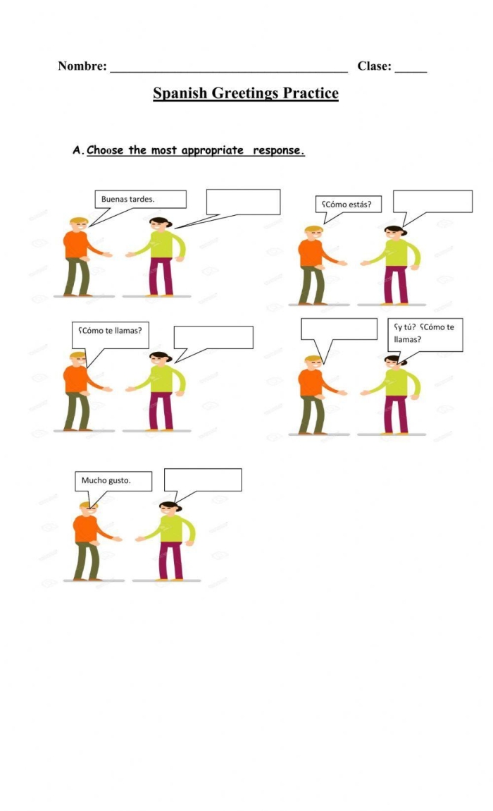 Worksheet featuring Spanish greetings for fourth graders