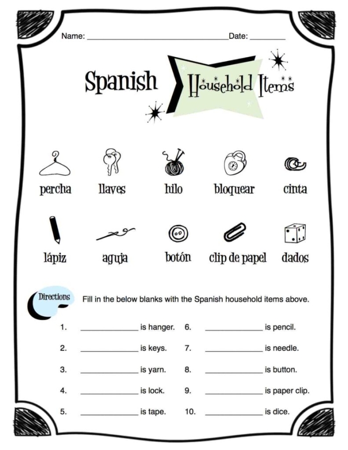 Worksheet featuring Spanish vocabulary for household items like a refrigerator and an oven