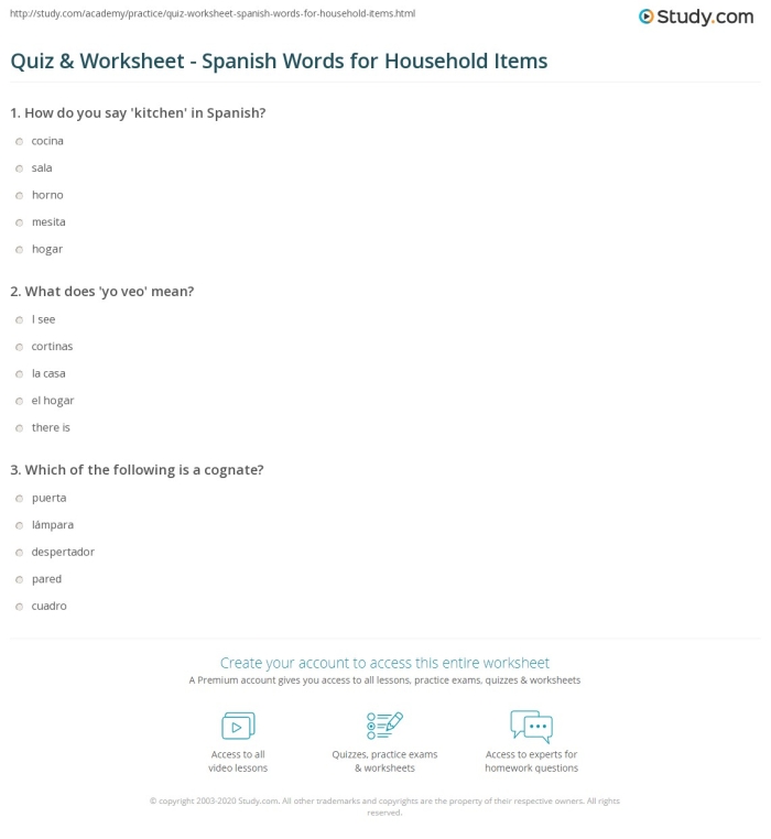 Worksheet featuring a fill-in-the-blank exercise for Spanish household items