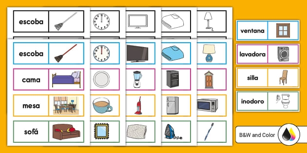 Worksheet featuring Spanish vocabulary for household items like a refrigerator and an oven