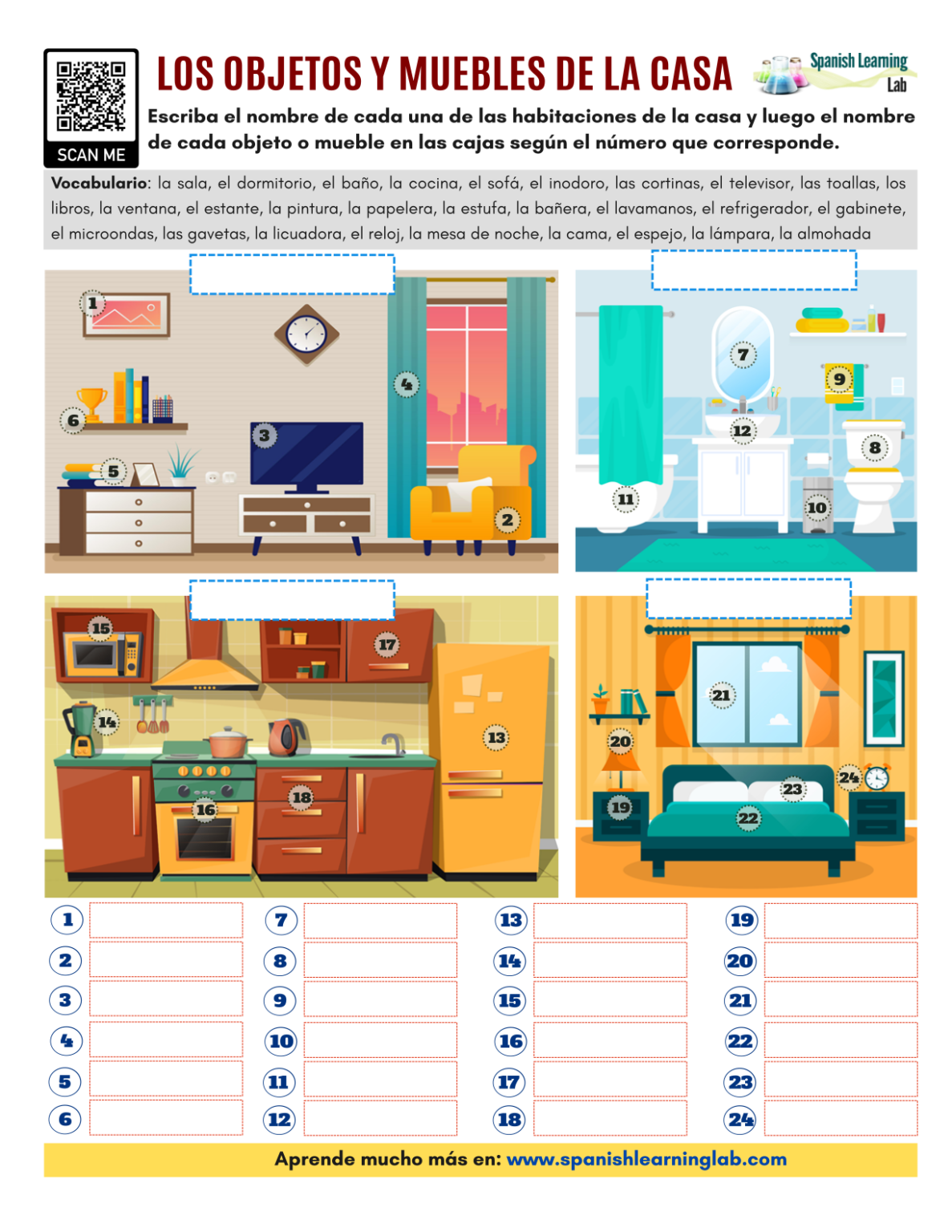 Fourth grade worksheet featuring Spanish household items like refrigerators and ovens to label