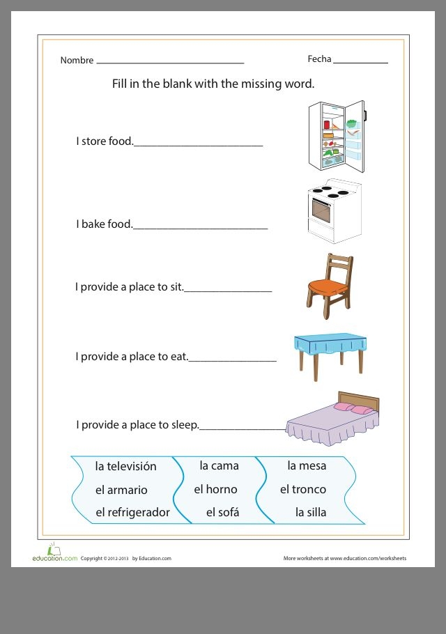 Fourth grade Spanish worksheet featuring household items such as refrigerator and oven for students to label