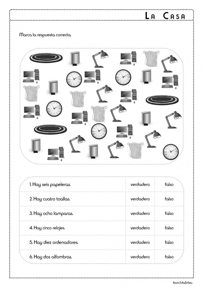 Fourth grade worksheet featuring Spanish household items vocabulary like refrigerator and oven