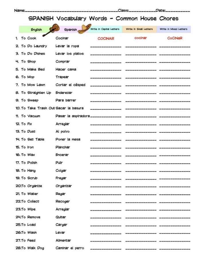 Worksheet featuring Spanish vocabulary for household items like a refrigerator and an oven