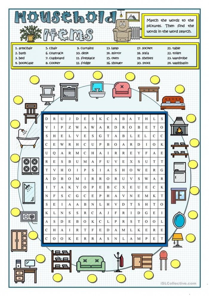 Worksheet featuring Spanish vocabulary for household items such as a refrigerator and an oven