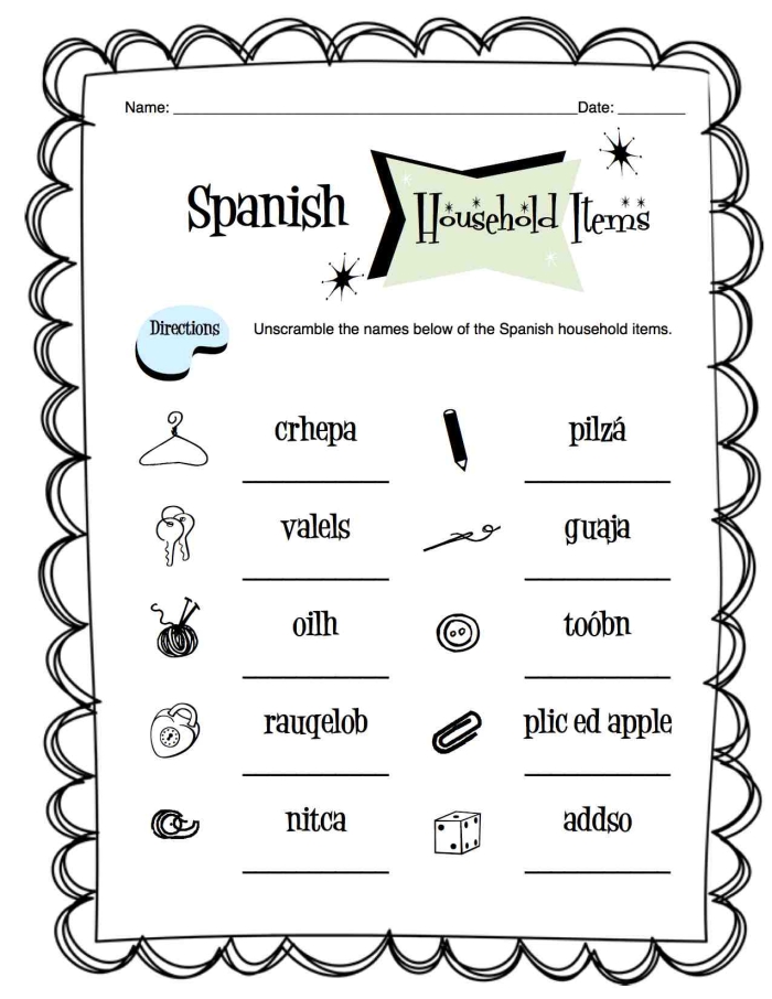 Worksheet featuring Spanish vocabulary for household items, including a refrigerator and an oven. Educational resource for fourth-grade students learning Spanish household terms.