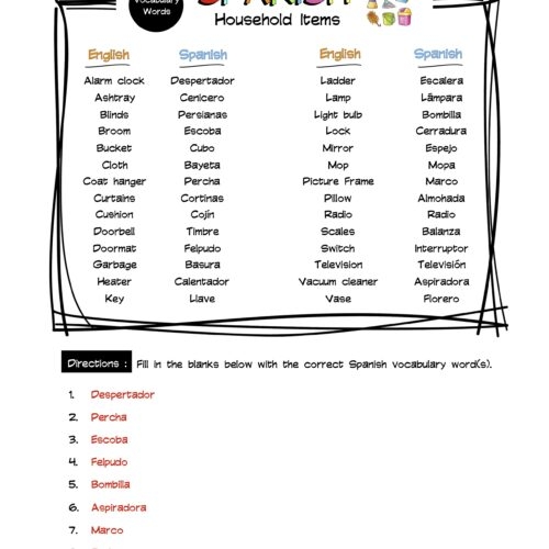 Spanish Household Items worksheet for fourth graders featuring common appliances