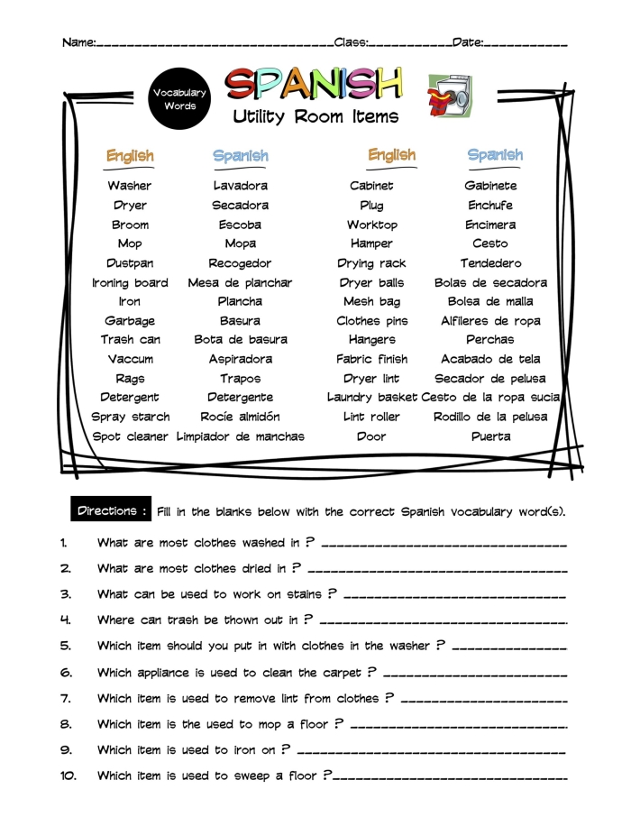 Worksheet featuring Spanish vocabulary for household items such as a refrigerator and an oven