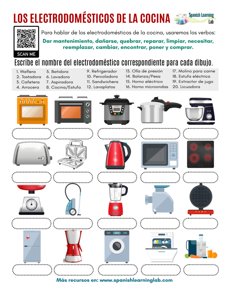Worksheet featuring Spanish vocabulary for household items such as a refrigerator and an oven. Spanish Household Items worksheet for fourth graders to practice filling in words.