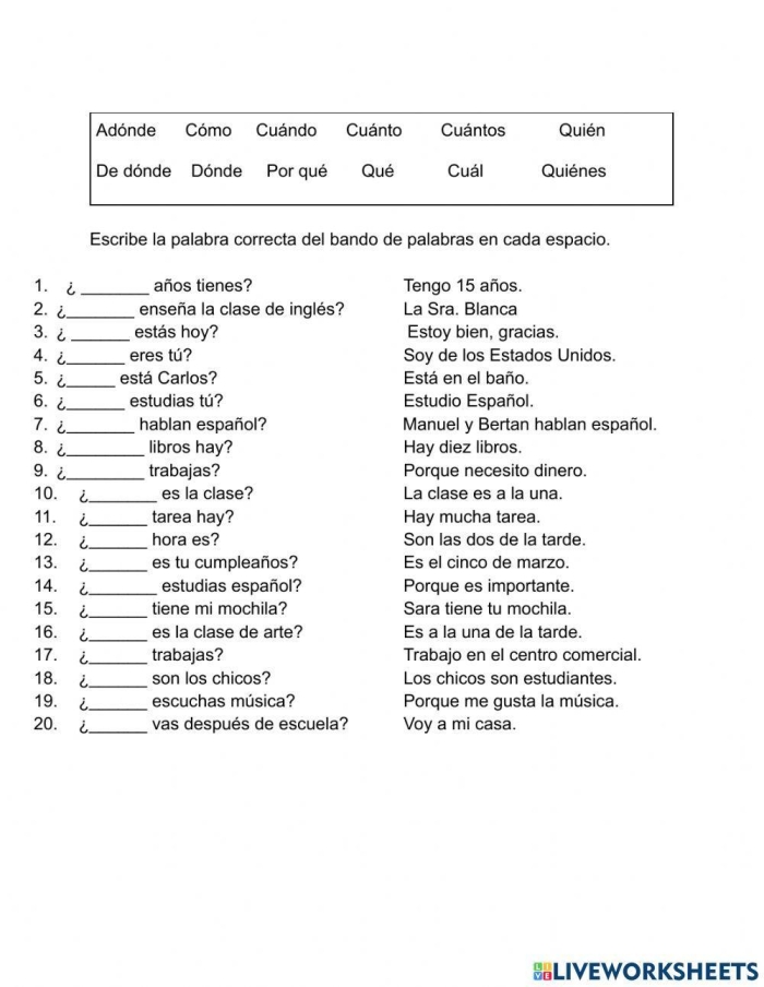 Fourth grade Spanish worksheet focusing on spelling and forming interrogative sentences