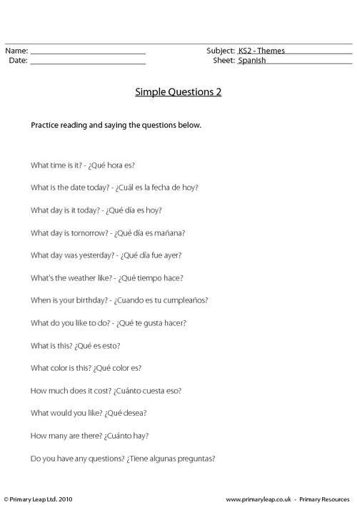 Fourth grade Spanish worksheet for practicing how to form and answer interrogative sentences